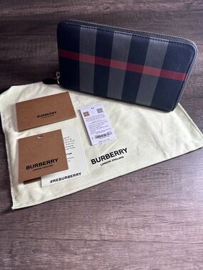 Burberry Zip-Around Wallet in Black with Red and Gray Stripe
